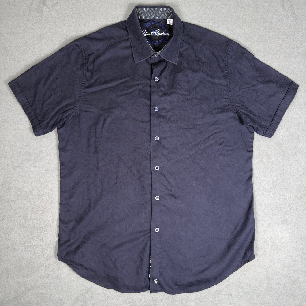 Robert Graham Paisley Jacquard Short Sleeve Button Shirt Navy Classic Fit L